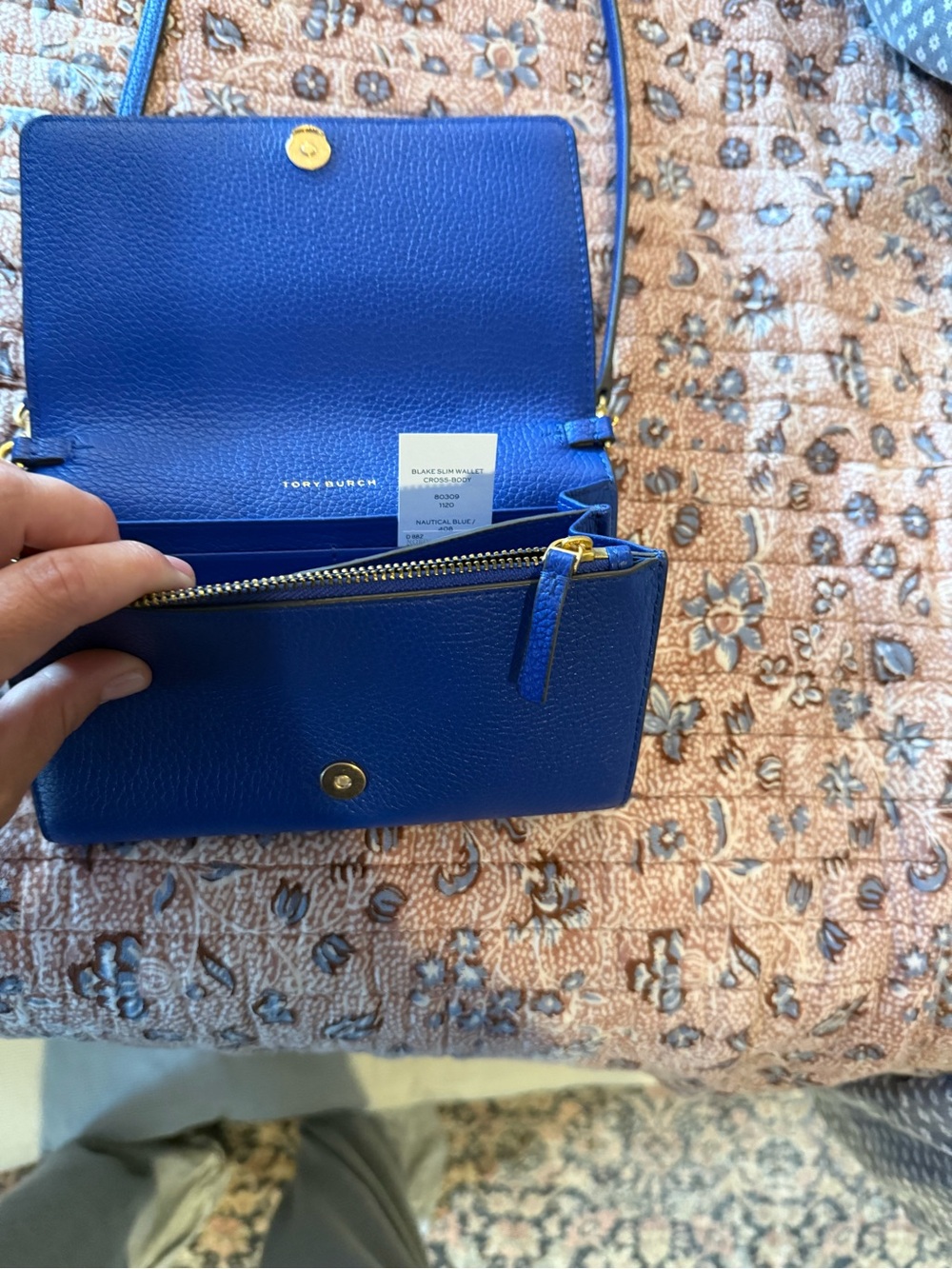 Tory Burch Cobalt Blue Pebbled Leather Crossbody Wallet